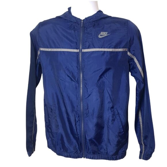 Nike Boys XL Hooded Windbreaker Blue Lightweight Jacket Sporty Reflective Stripe - Picture 3 of 6